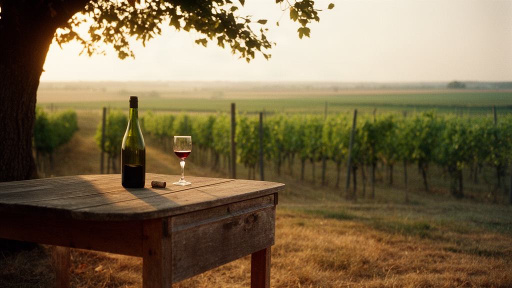 Un tavolo di legno all'aperto alla luce bassa del tramonto, con una bottiglia di vino aperta, il tappo appoggiato accanto e un calice di rosso; dietro, filari di vite e campi piatti fino all'orizzonte