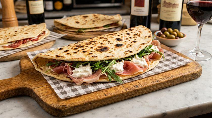 Una piadina farcita con prosciutto, rucola e squacquerone, su un tagliere di legno